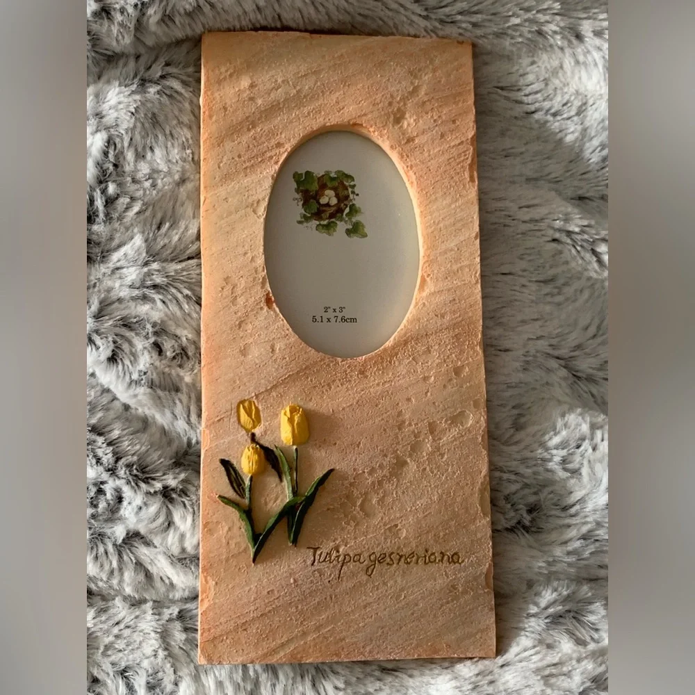 Pale Orange Rectangular Stone Picture Frame with Small Oval 2” x 3” Window